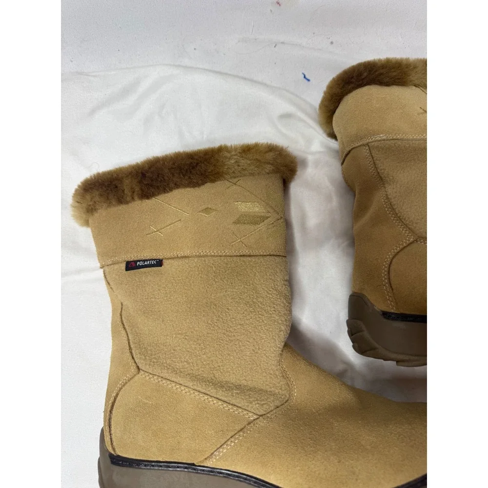 Sports Polartec Tan Suede Winter Boots Faux Fur Trim Embroidered Mid Calf Women